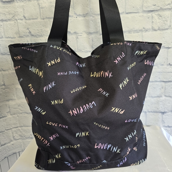PINK Victoria's Secret Logo Love Pink Black Tote Bag Zip Close New - Picture 9 of 12